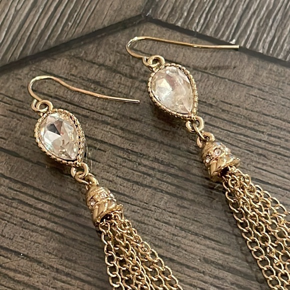 Boutique Style Long Dangle Chain Rhinestone Earrings, Gold-tone - Picture 5 of 15